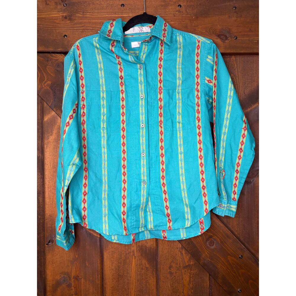 Vintage French Navy women’s small Aztec print button up long sleeve shirt